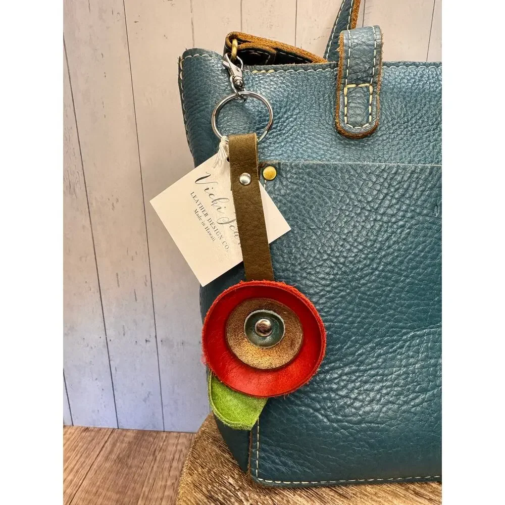 Genuine Leather Round Flower Purse Charm Red Gold Blue Flower Boho Bag Charm